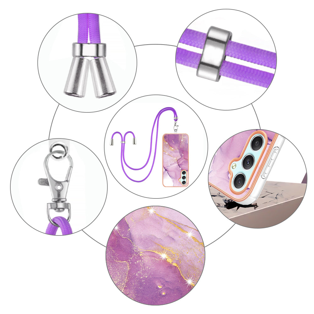 YB IMD Series-9 Marble Pattern Phone Case for Samsung Galaxy A24 4G IMD Electroplating TPU Cover with Lanyard - Purple 001 YB IMD Series-9 Marble Pattern Phone Case for Samsung Galaxy A24 4G IMD Electroplating TPU Cover with Lanyard - Purple 001